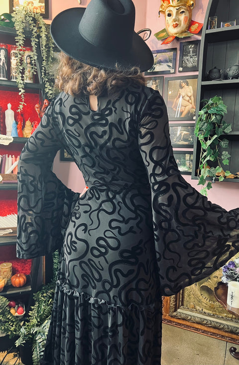 Sloane - Velvet Flocked Snake Maxi Dress with Bell Sleeves