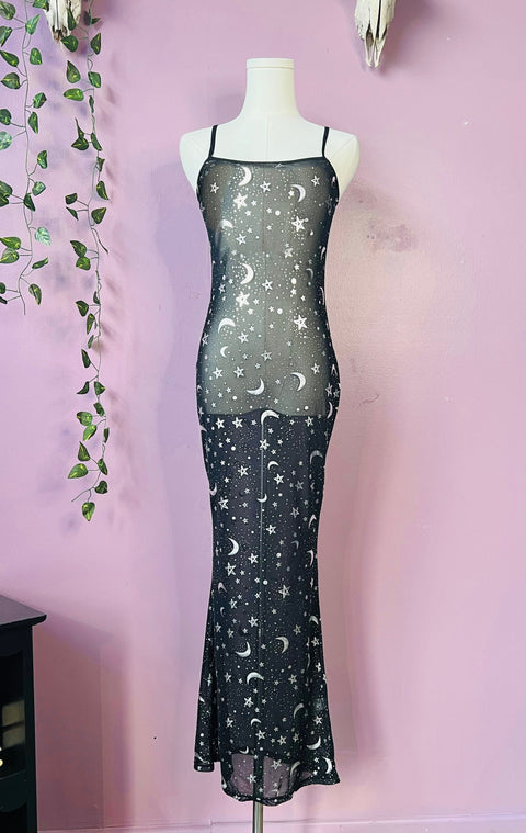 Sheer Hourglass Maxi Dress - Metallic Moon & Stars