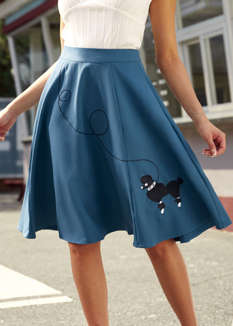 Blue Embroidered Poodle Swing Skirt