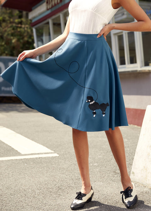 Blue Embroidered Poodle Swing Skirt