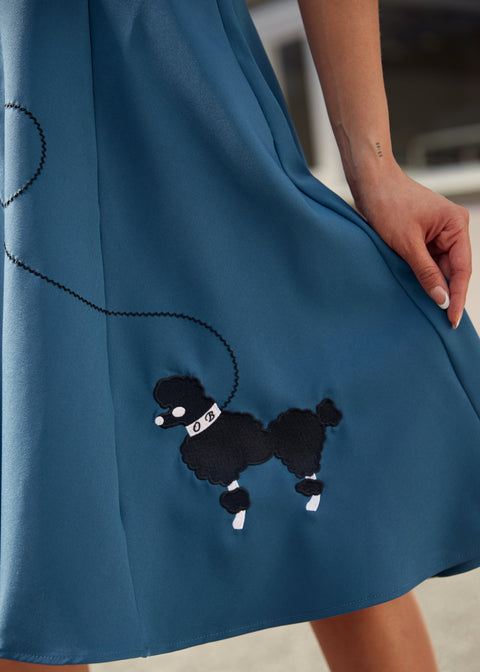 Blue Embroidered Poodle Swing Skirt