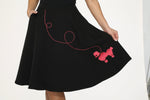 Black Hot Pink Embroidered Poodle Swing Skirt
