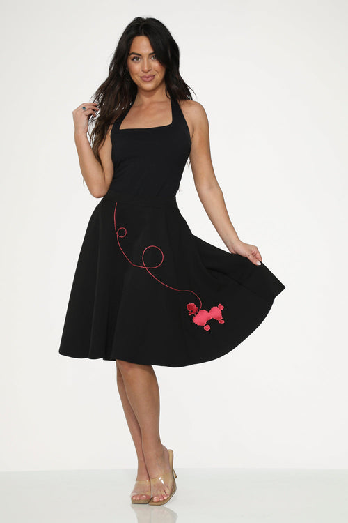 Black Hot Pink Embroidered Poodle Swing Skirt