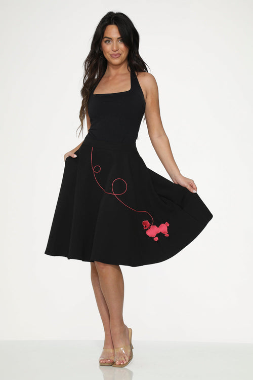 Black Hot Pink Embroidered Poodle Swing Skirt