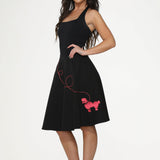 Black Hot Pink Embroidered Poodle Swing Skirt