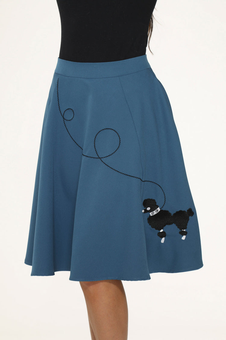 Blue Embroidered Poodle Swing Skirt