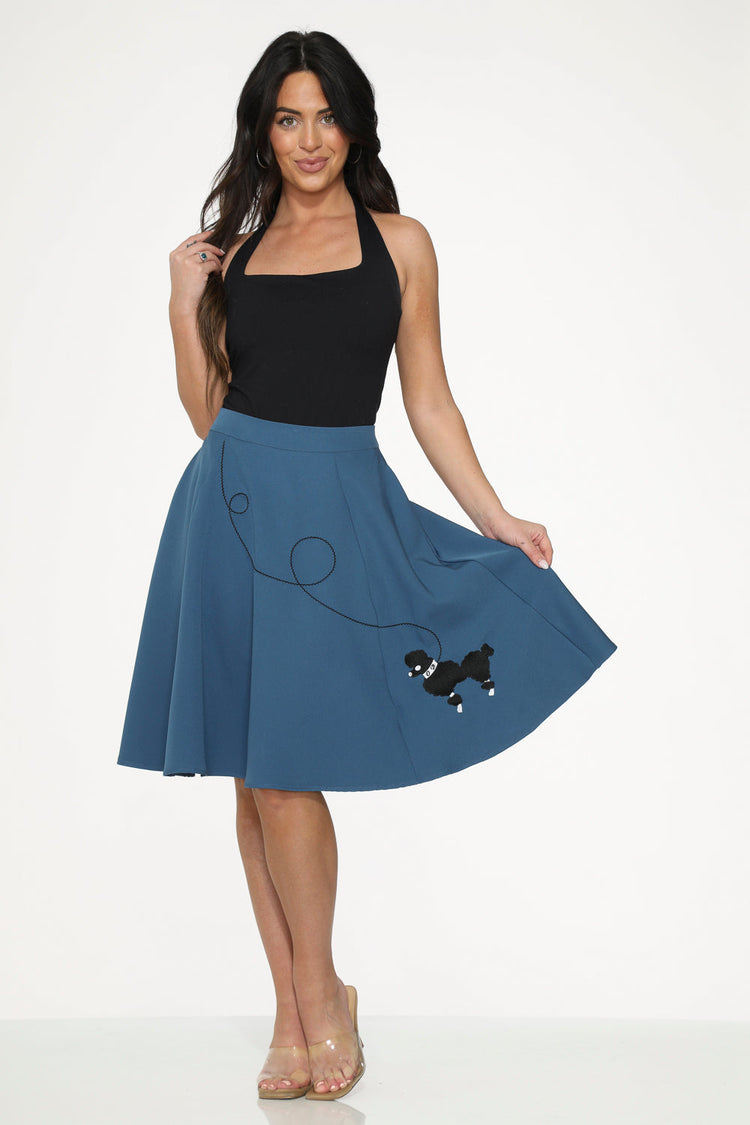 Blue Embroidered Poodle Swing Skirt