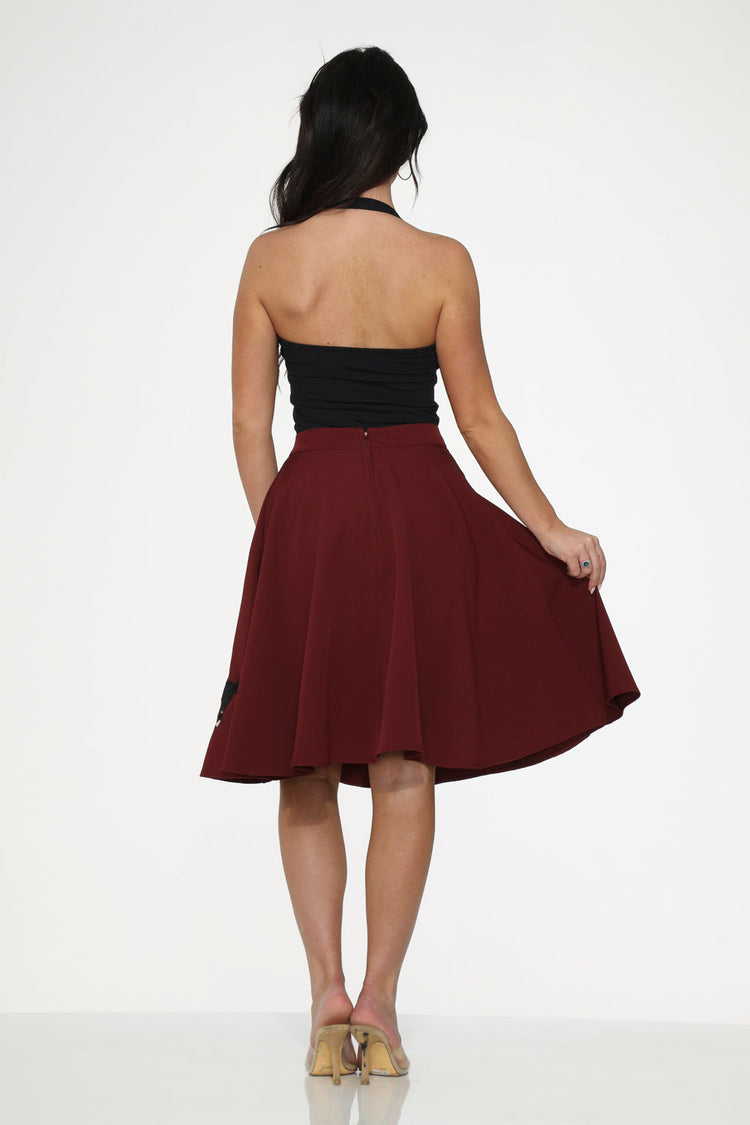 Burgundy Black Embroidered Poodle Swing Skirt