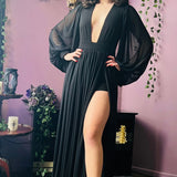 Minerva - Hauntingly Dramatic Mesh Maxi Dress with Built In Shorts