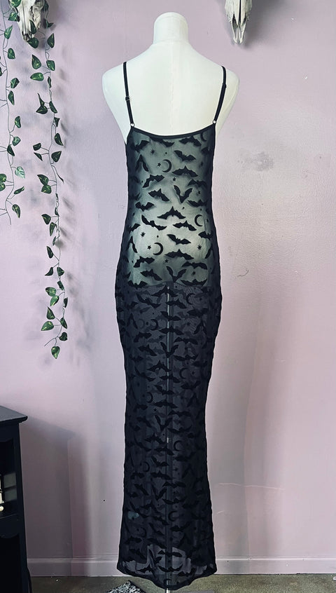 Sheer Hourglass Maxi Dress - Velvet Flocked Bats