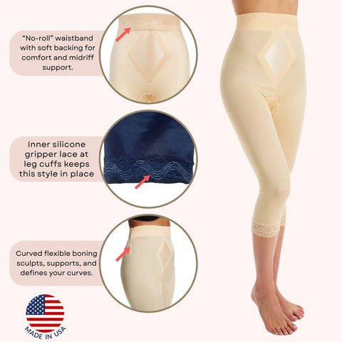 Style 6266 | High Waist Capri Pant Liner with Tummy Control Satin Panel | Memory Compression Fabric | Medium Support