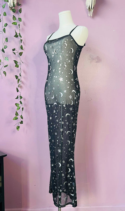 Sheer Hourglass Maxi Dress - Metallic Moon & Stars