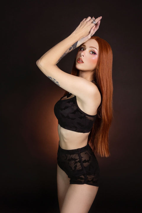 The Sinister Set - BATS - Sheer Velvet Flocked Bra & Shorts Separates
