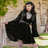 Nyx - Bell Sleeved Velvet Damask Dress with Harness