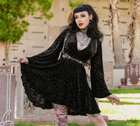 Nyx - Bell Sleeved Velvet Damask Dress with Harness