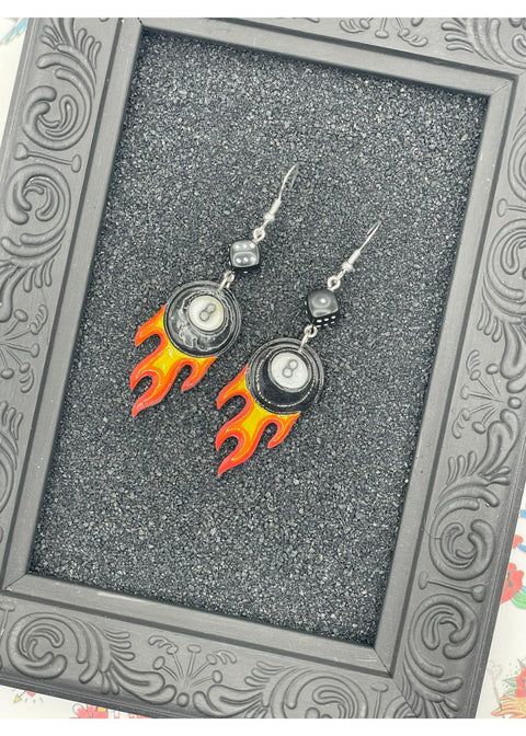 Tattoo Love Flaming 8 Ball Earrings