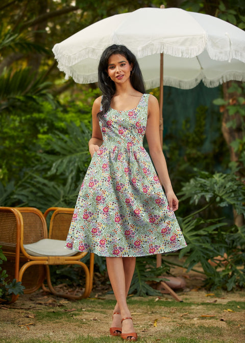 Retro Fit & Flare Dress Floral Cats