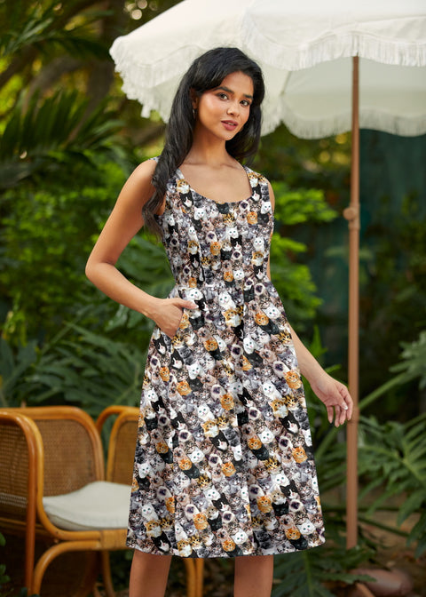 Retro Fit & Flare Dress Realistic Cats
