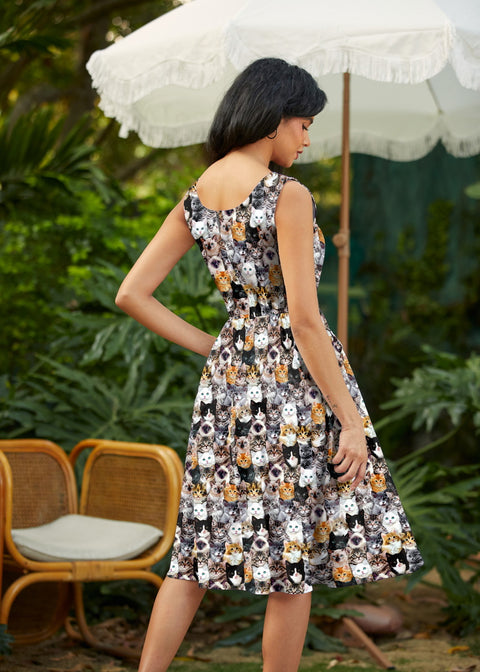 Retro Fit & Flare Dress Realistic Cats