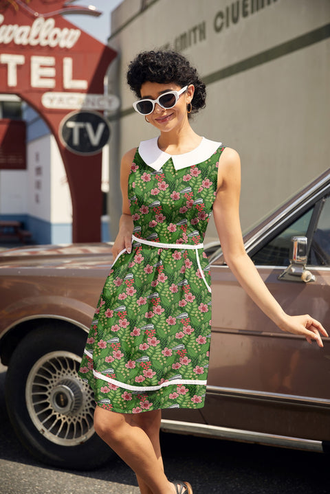 Retro Mod Collared Dress Flowers Print