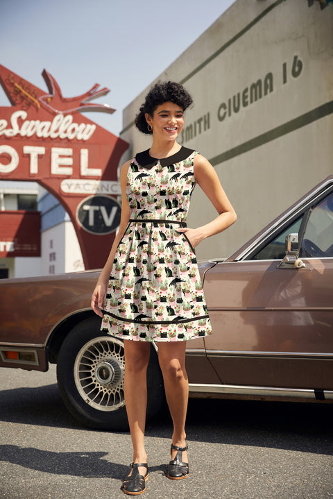 Retro Mod Collared Dress Cats & Plants