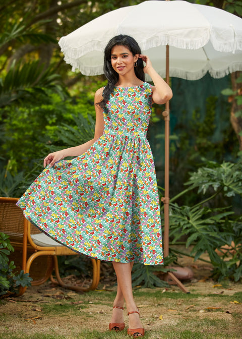 50s Style Cotton Midi Swing Dress - Farmer's Market