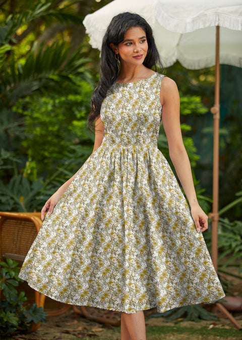 50s Style Cotton Midi Swing Dress - Mustard Floral