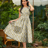 50s Style Cotton Midi Swing Dress - Mustard Floral