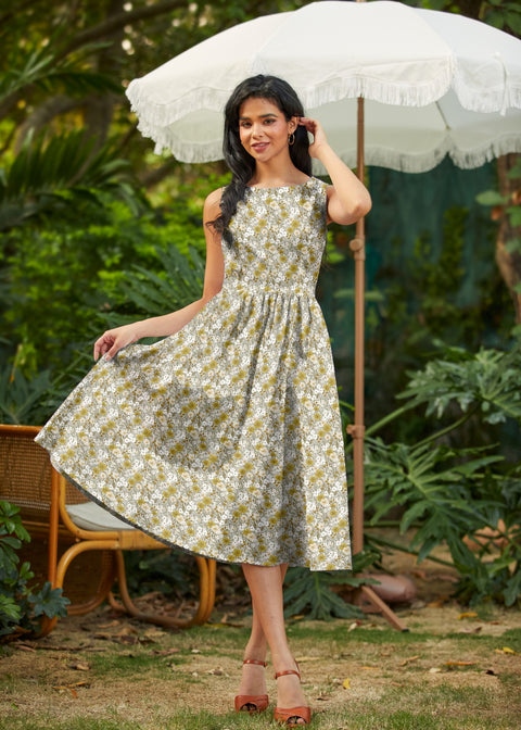 Mustard Floral Midi Dress S Mustard Floral Midi Dress S