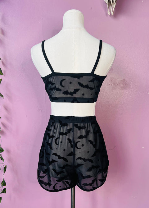 The Sinister Set - BATS - Sheer Velvet Flocked Bra & Shorts Separates