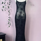 Sheer Hourglass Maxi Dress - Velvet Flocked Spider Webs