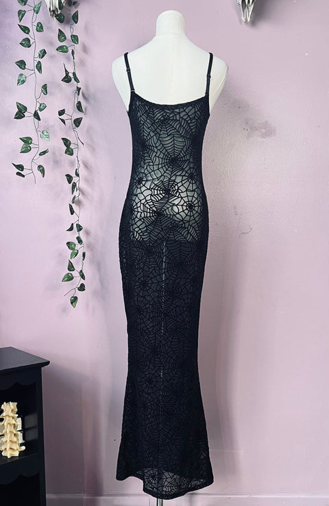 Sheer Hourglass Maxi Dress - Velvet Flocked Spider Webs