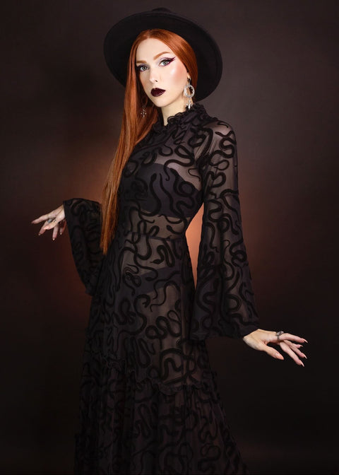 Sloane - Velvet Flocked Snake Maxi Dress with Bell Sleeves