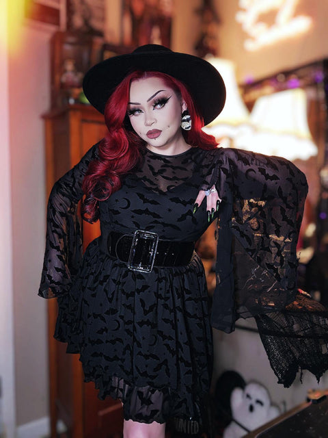 Dracuella - Velvet BATS Flocked Mini Dress with Witchy Bell Sleeves