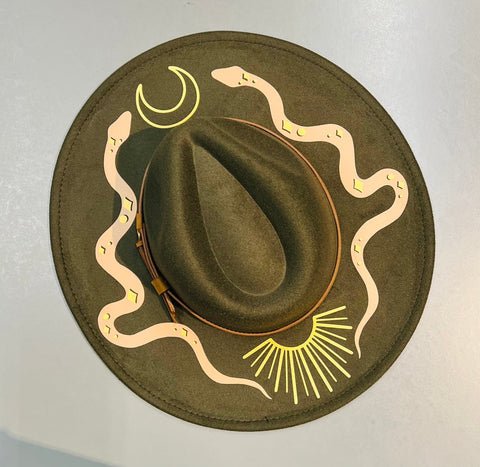 Vegan Felt Wide Brim Hat - XL Brim - Olive  - Western Snakes