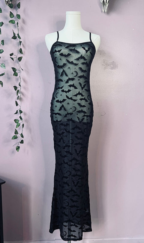 Sheer Hourglass Maxi Dress - Velvet Flocked Bats