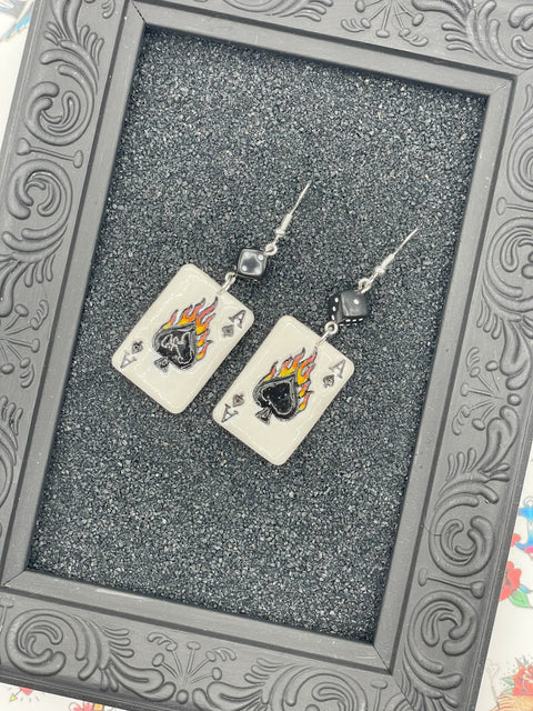Tattoo - Flaming Ace of Spades Playing Card Earrings: Handmade Polymer Clay