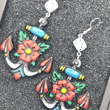 Tattoo - Anchor Earrings with Dice: Handmade, Hand-Painted Polymer Clay