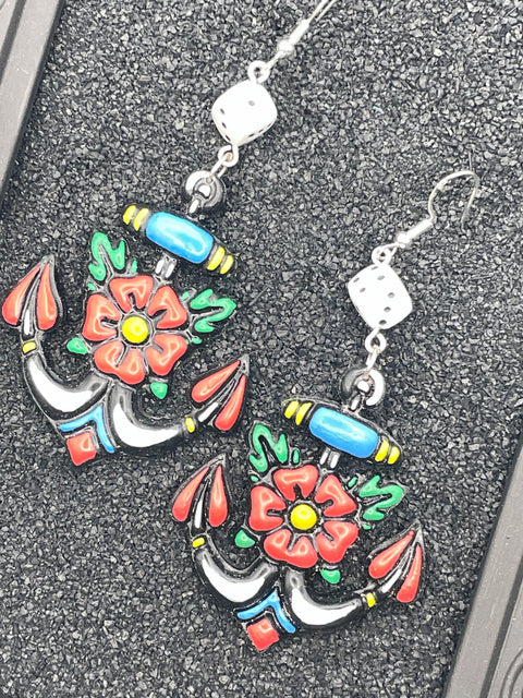 Tattoo - Anchor Earrings with Dice: Handmade, Hand-Painted Polymer Clay