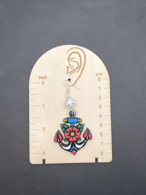 Tattoo - Anchor Earrings with Dice: Handmade, Hand-Painted Polymer Clay