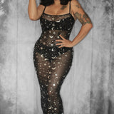 Sheer Hourglass Maxi Dress - Metallic Moon & Stars