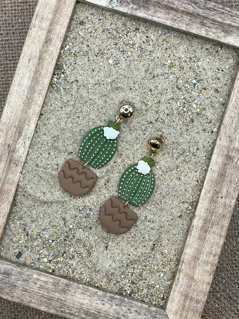 Barrel Cactus with White Flower Earrings