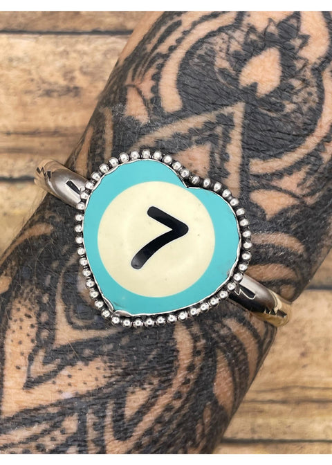 Billiard Ball Lucky #7 Heart Cuff Turquoise