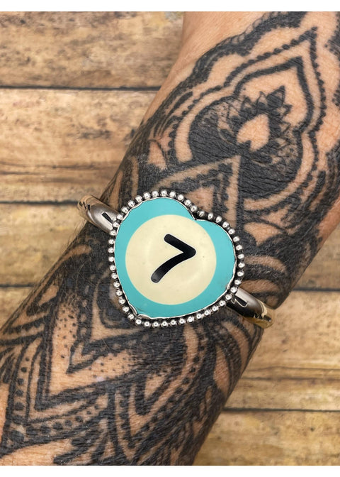 Billiard Ball Lucky #7 Heart Cuff Turquoise
