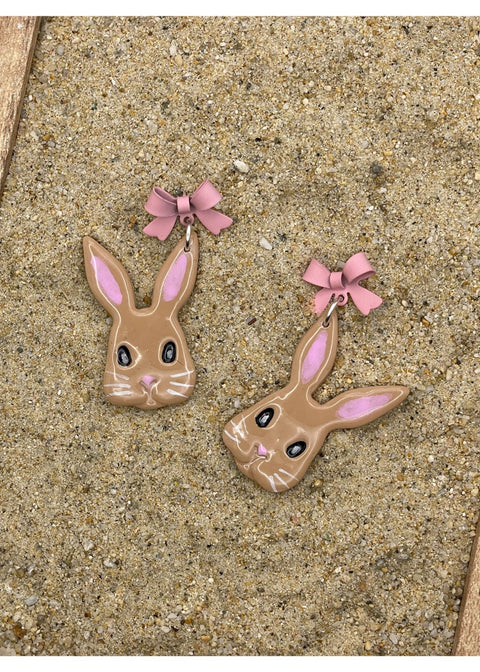 Easter Bunny Earrings with Pink Bow - Beige