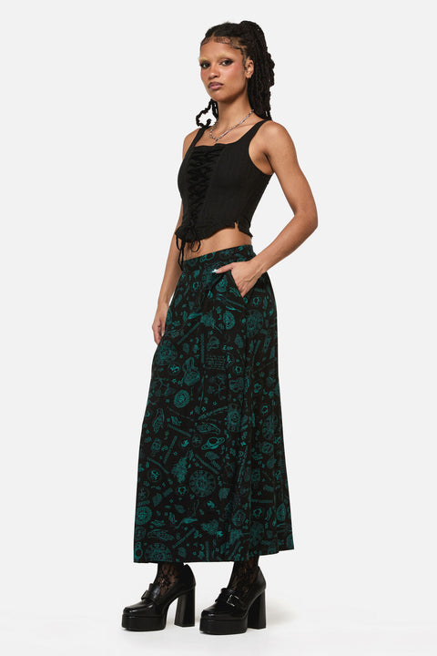 Spellbook Goth Print Midi Skirt