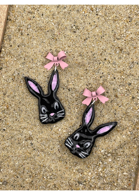 Easter Bunny Earrings with Pink Bow - Black