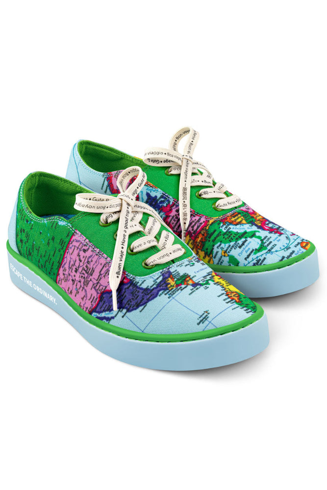 Colorful sneakers with map design on a white background