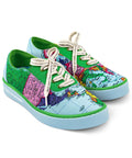 Colorful sneakers with map design on a white background