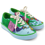 Colorful sneakers with map design on a white background